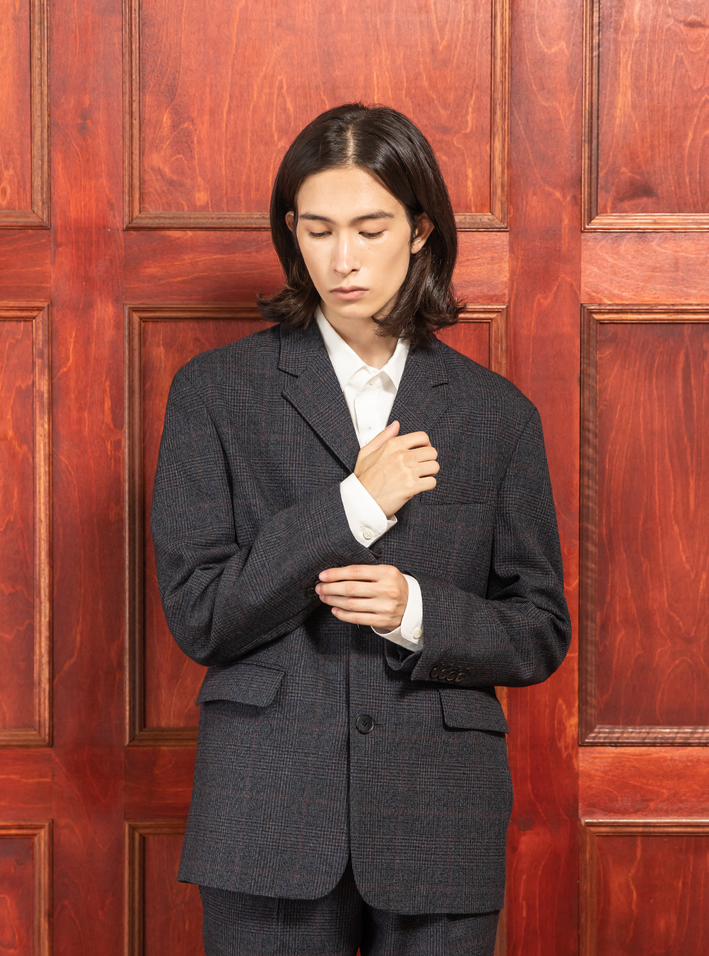 SEMI-OVER 3 BUTTONED SINGLE JACKET [MULTIPLE CHECKED NAVY]